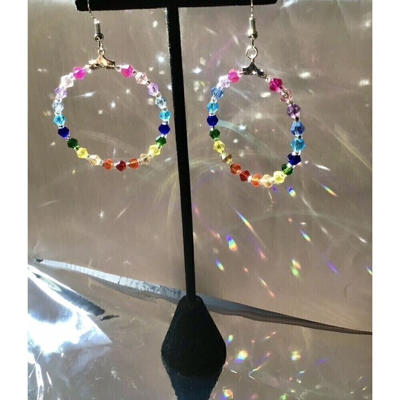 Handmade Rainbow Beaded Hoop Earrings 1.5” Pride Love Remembrance Promise - Picture 3 of 7